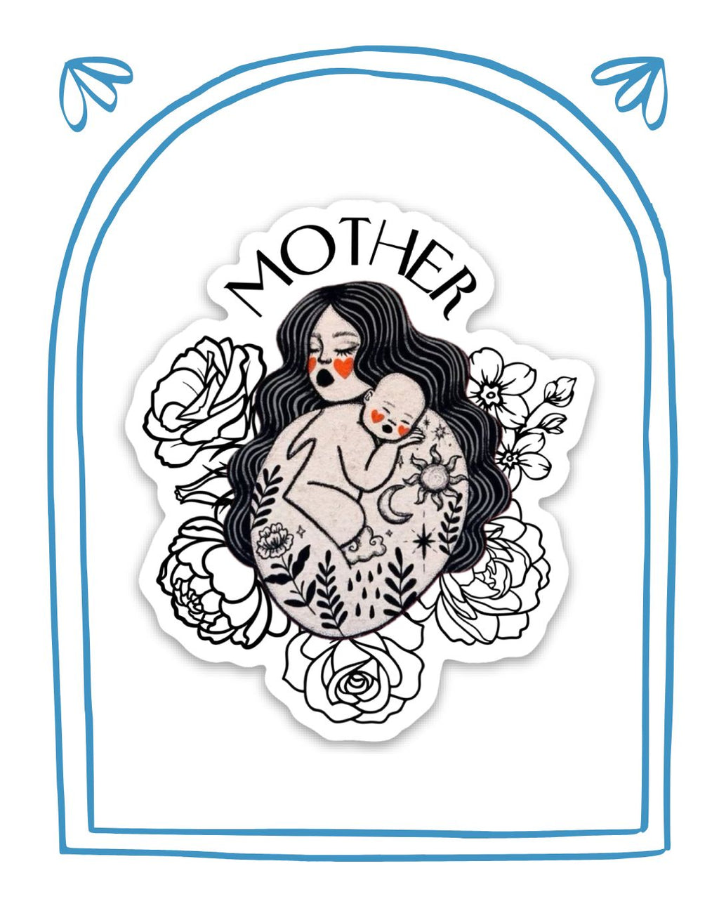 Illustration of a mother holding a baby surrounded by flowers and leaves with 'MOTHER' text above.
