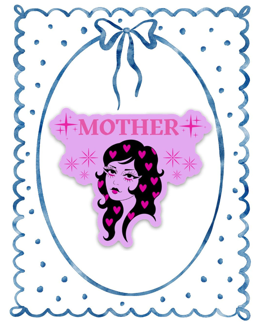 Sticker with a design of a woman's face surrounded by hearts and the word 'MOTHER' on a decorative frame.