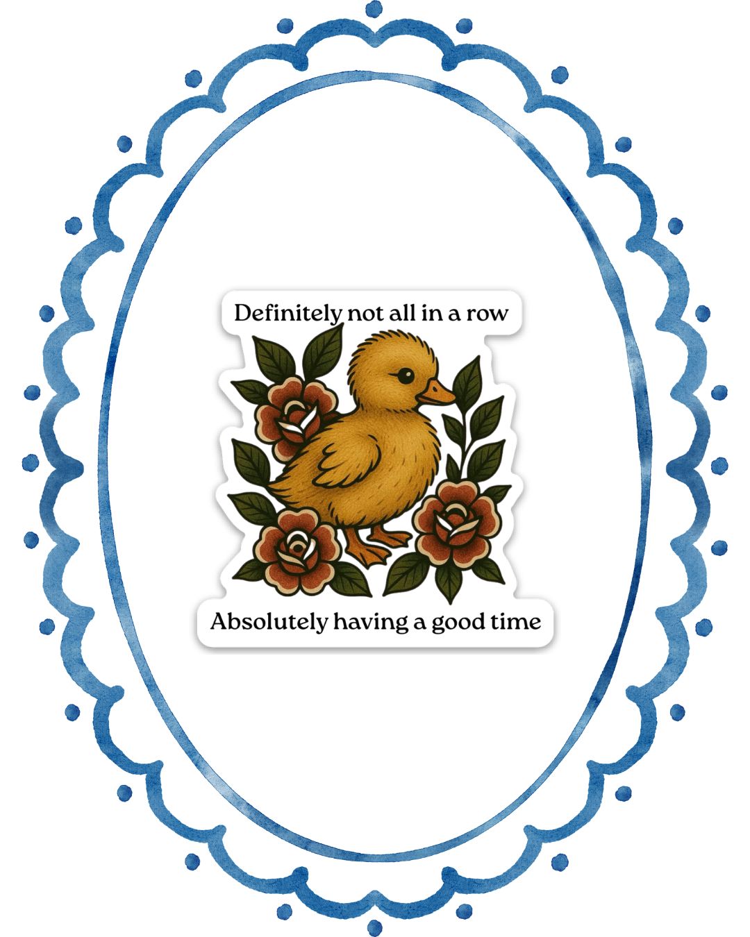 Sticker with a duck and flowers on a decorative floral border